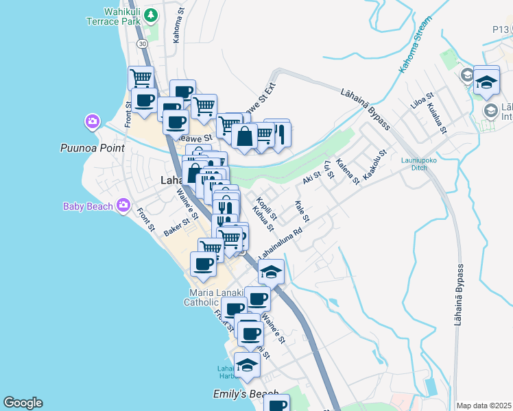 map of restaurants, bars, coffee shops, grocery stores, and more near 894 Kuhua Street in Lahaina