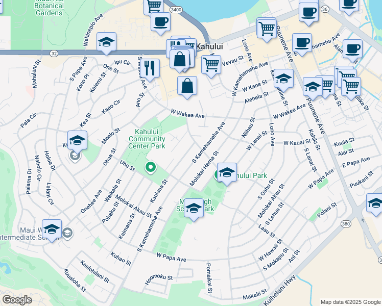 map of restaurants, bars, coffee shops, grocery stores, and more near 429 Kaulana Street in Kahului