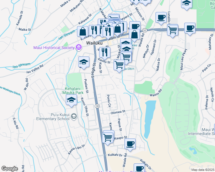 map of restaurants, bars, coffee shops, grocery stores, and more near 481 Kopaa Place in Wailuku