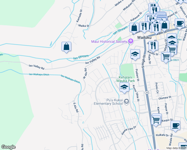 map of restaurants, bars, coffee shops, grocery stores, and more near 127 Naulu Street in Wailuku