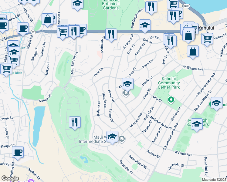 map of restaurants, bars, coffee shops, grocery stores, and more near 302 South Papa Avenue in Kahului