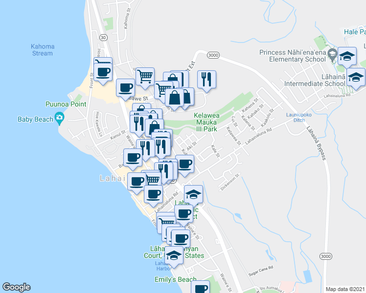 map of restaurants, bars, coffee shops, grocery stores, and more near 894 Kuhua Street in Lahaina