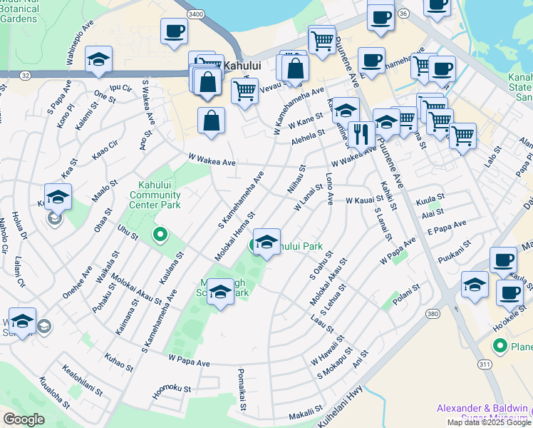 map of restaurants, bars, coffee shops, grocery stores, and more near 298 Niihau Street in Kahului