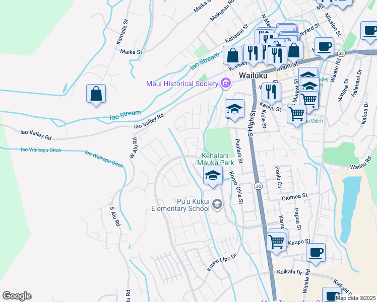 map of restaurants, bars, coffee shops, grocery stores, and more near 114 Puaehu Street in Wailuku