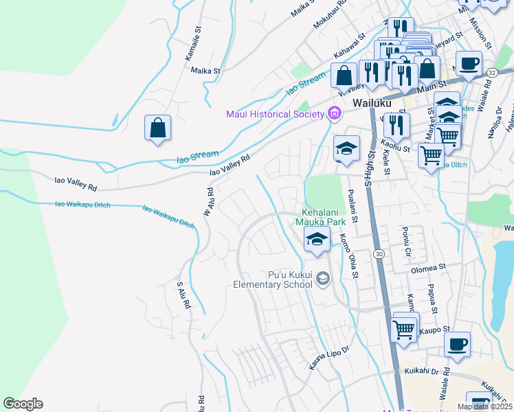 map of restaurants, bars, coffee shops, grocery stores, and more near 112 Kili'o'opu Street in Wailuku