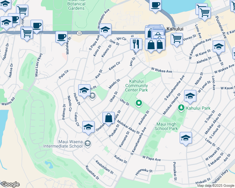 map of restaurants, bars, coffee shops, grocery stores, and more near 235 Ohaa Street in Kahului