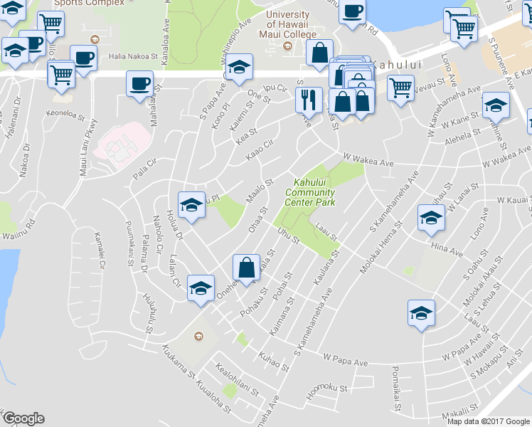 map of restaurants, bars, coffee shops, grocery stores, and more near 235 Ohaa Street in Kahului