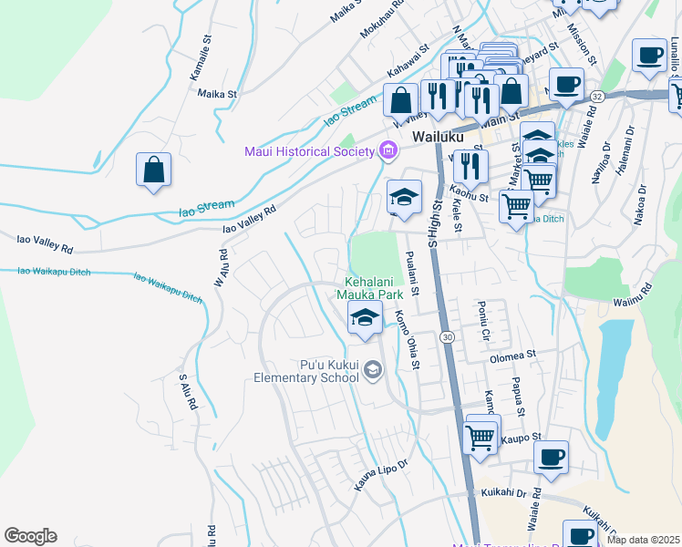map of restaurants, bars, coffee shops, grocery stores, and more near 452 Puaehu Street in Wailuku