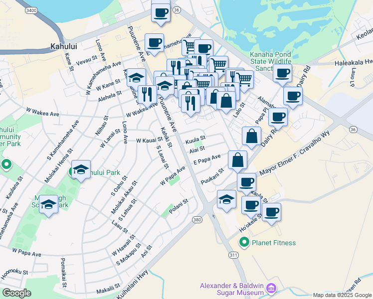map of restaurants, bars, coffee shops, grocery stores, and more near 413 Puunene Avenue in Kahului