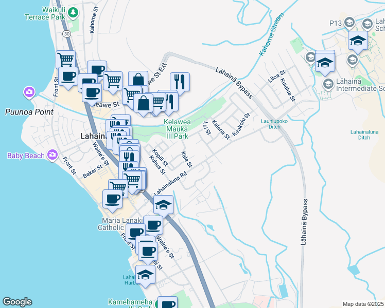 map of restaurants, bars, coffee shops, grocery stores, and more near 445 Hauola Place in Lahaina