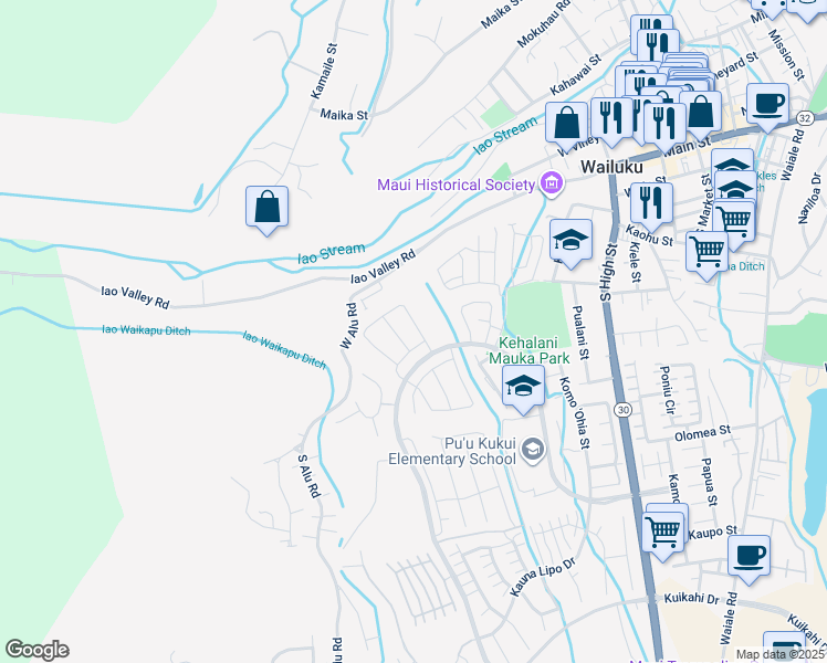 map of restaurants, bars, coffee shops, grocery stores, and more near 119 Kili'o'opu Street in Wailuku