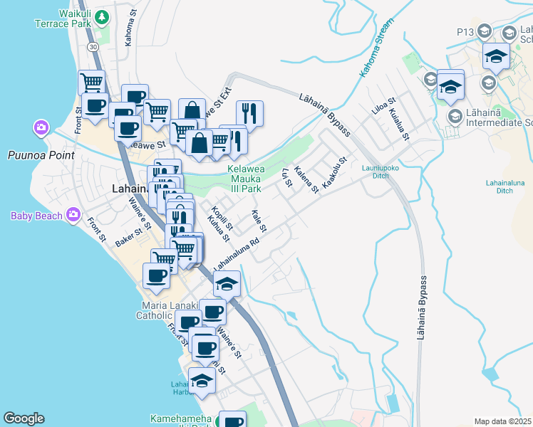 map of restaurants, bars, coffee shops, grocery stores, and more near 445 Hauola Place in Lahaina