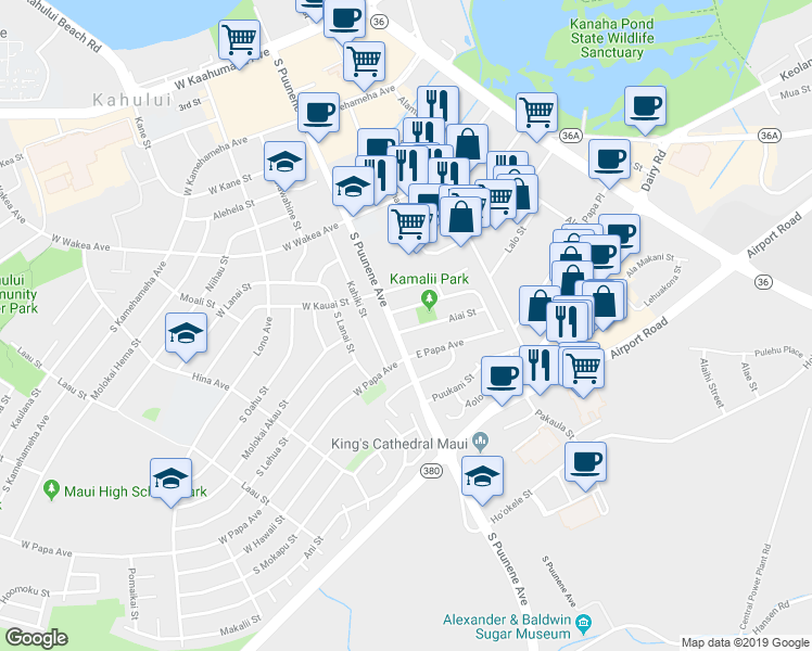 map of restaurants, bars, coffee shops, grocery stores, and more near 15 Aiai Street in Kahului