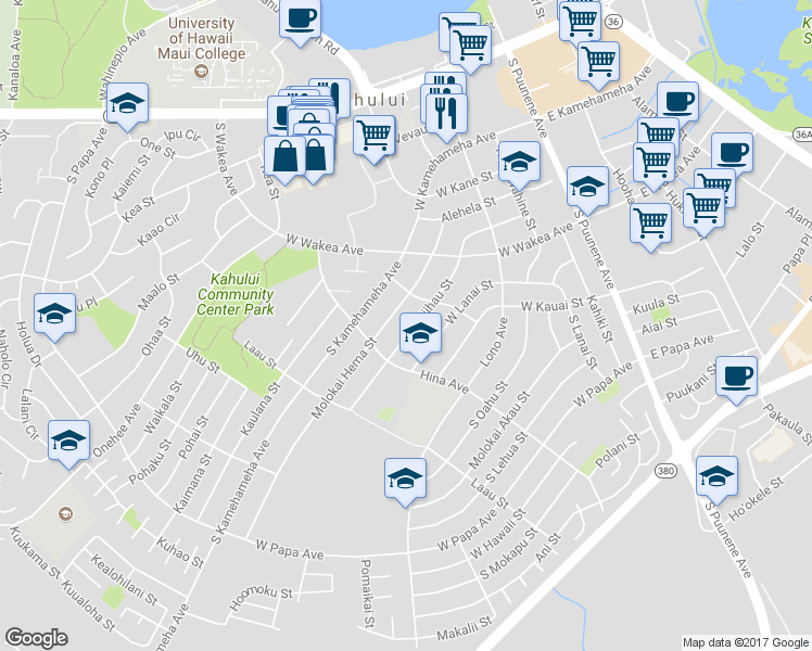 map of restaurants, bars, coffee shops, grocery stores, and more near 298 Niihau Street in Kahului