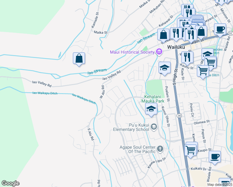 map of restaurants, bars, coffee shops, grocery stores, and more near 118 Naulu Street in Wailuku