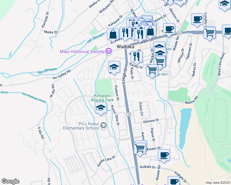 map of restaurants, bars, coffee shops, grocery stores, and more near 463 Pualani Street in Wailuku