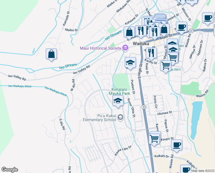map of restaurants, bars, coffee shops, grocery stores, and more near 402 Puaehu Street in Wailuku