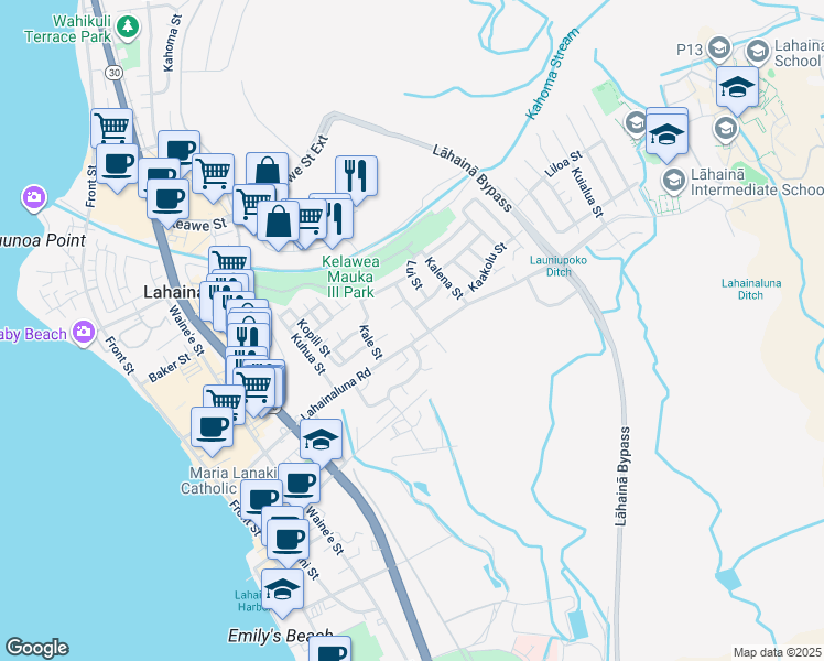map of restaurants, bars, coffee shops, grocery stores, and more near 503 Lahainaluna Road in Lahaina