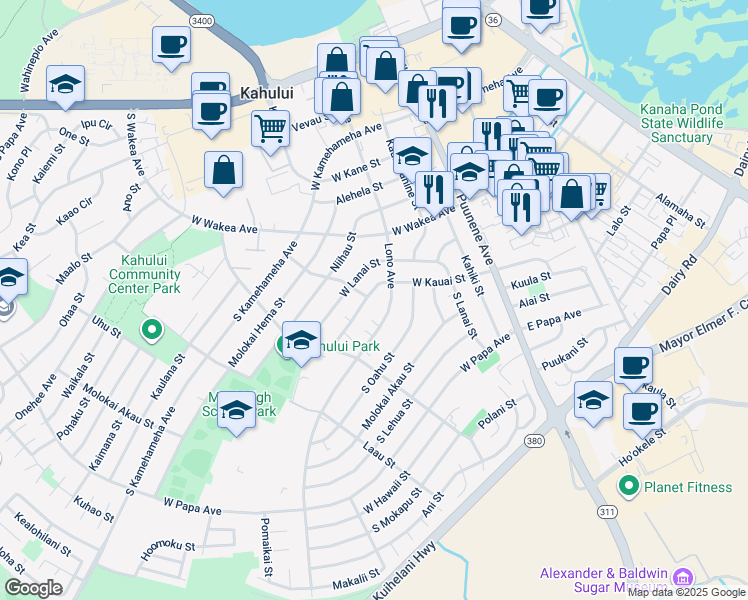 map of restaurants, bars, coffee shops, grocery stores, and more near 191 West Kauai Street in Kahului