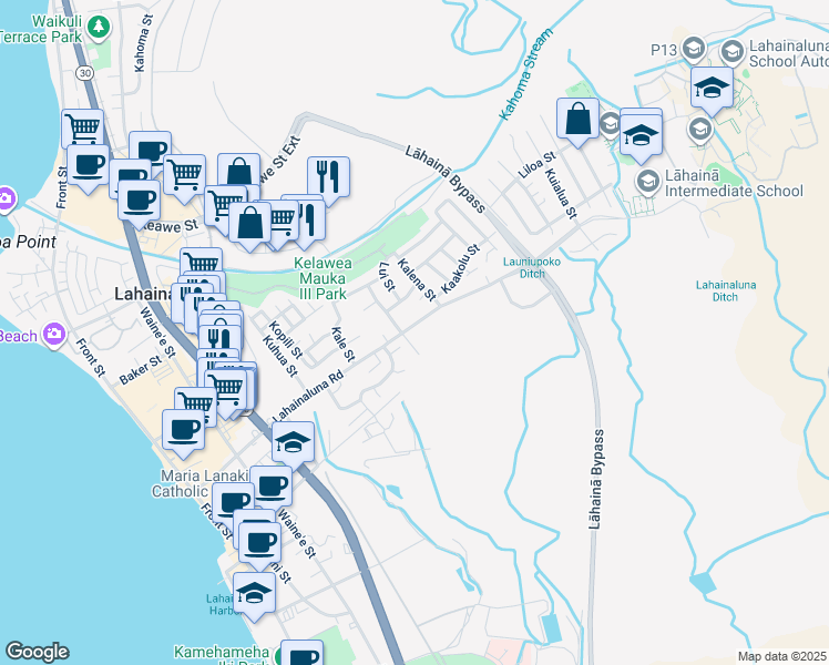 map of restaurants, bars, coffee shops, grocery stores, and more near 520 Lahainaluna Road in Lahaina