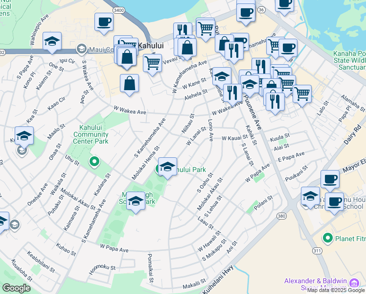 map of restaurants, bars, coffee shops, grocery stores, and more near 252 West Lanai Street in Kahului