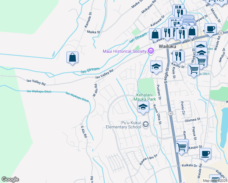 map of restaurants, bars, coffee shops, grocery stores, and more near 235 Kili'o'opu Street in Wailuku