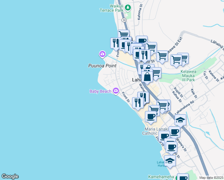 map of restaurants, bars, coffee shops, grocery stores, and more near 41 Kai Pali Place in Lahaina