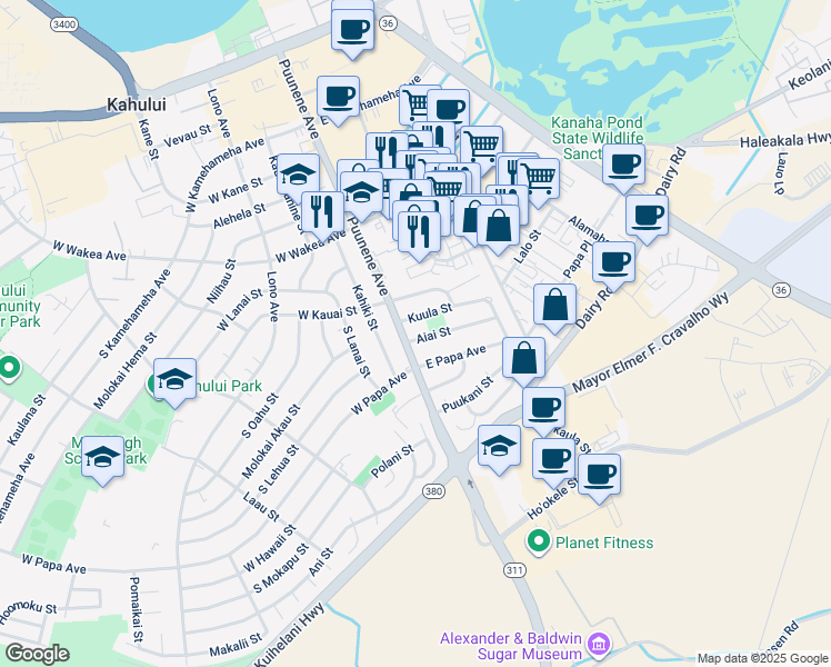 map of restaurants, bars, coffee shops, grocery stores, and more near 15 Aiai Street in Kahului