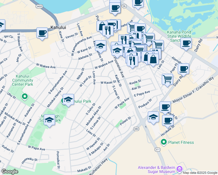 map of restaurants, bars, coffee shops, grocery stores, and more near 369 Kahoolawe Street in Kahului