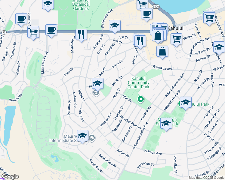 map of restaurants, bars, coffee shops, grocery stores, and more near 571 Maalo Street in Kahului