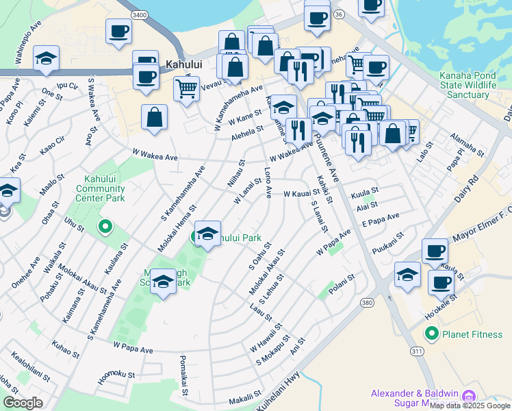 map of restaurants, bars, coffee shops, grocery stores, and more near 191 West Kauai Street in Kahului