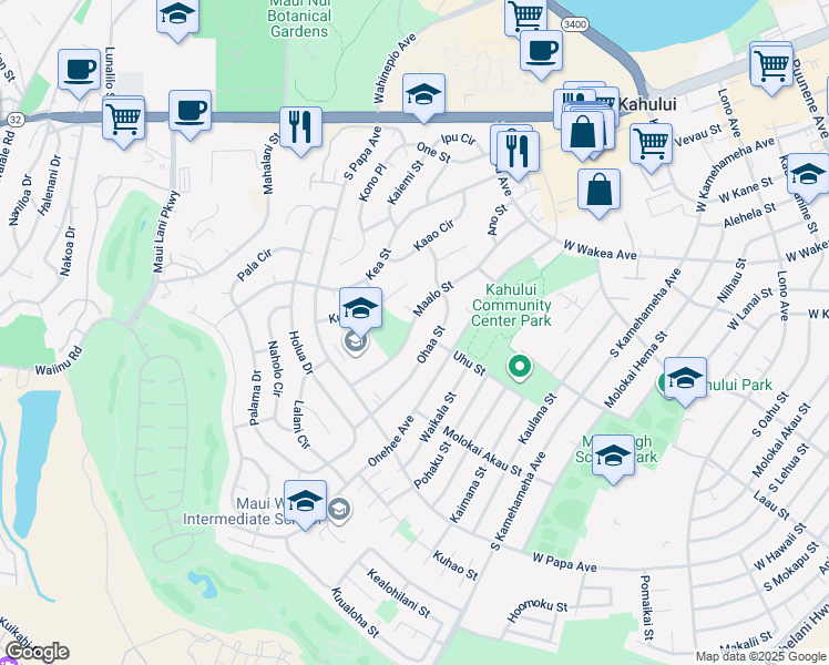 map of restaurants, bars, coffee shops, grocery stores, and more near 571 Maalo Street in Kahului
