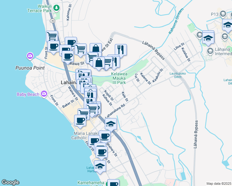 map of restaurants, bars, coffee shops, grocery stores, and more near 393 Paeohi Street in Lahaina