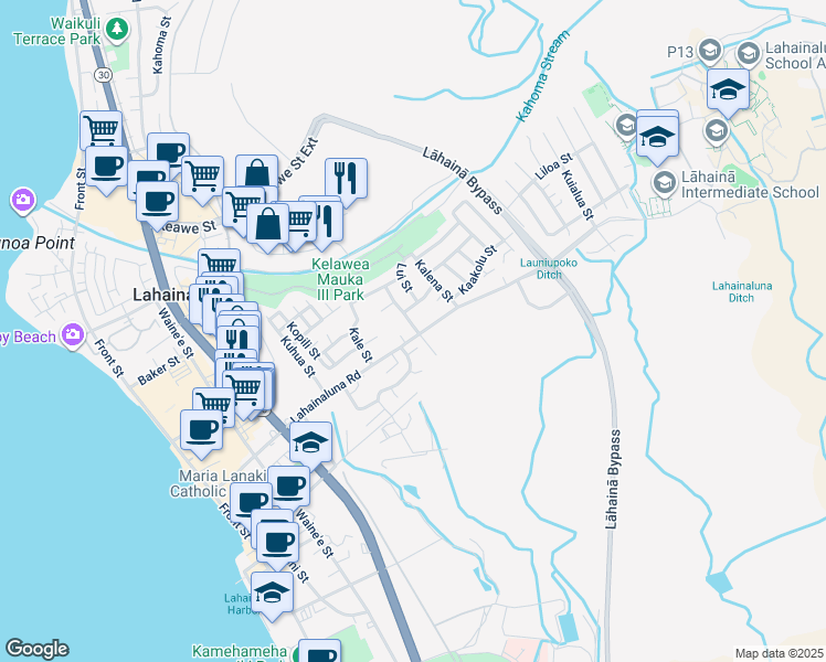 map of restaurants, bars, coffee shops, grocery stores, and more near 809 Kelawea Street in Lahaina