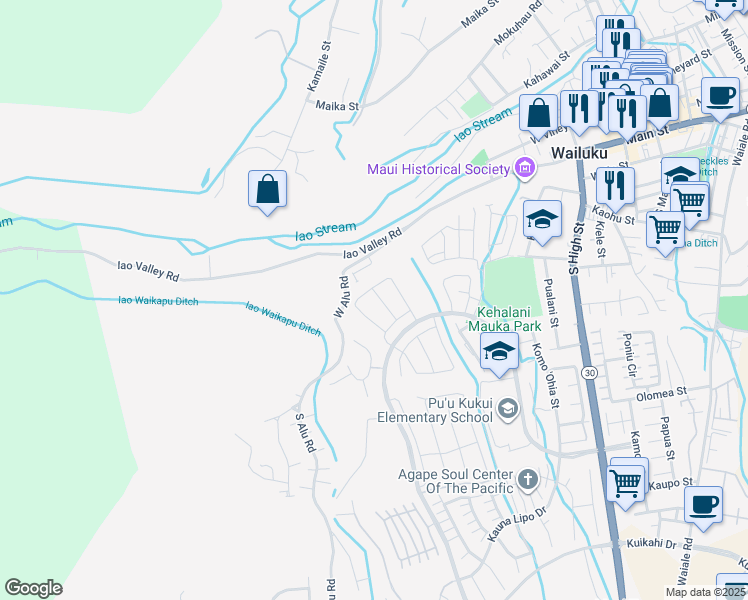 map of restaurants, bars, coffee shops, grocery stores, and more near 131 Naulu Street in Wailuku