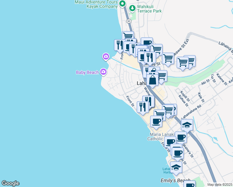 map of restaurants, bars, coffee shops, grocery stores, and more near 45 Kai Pali Place in Lahaina