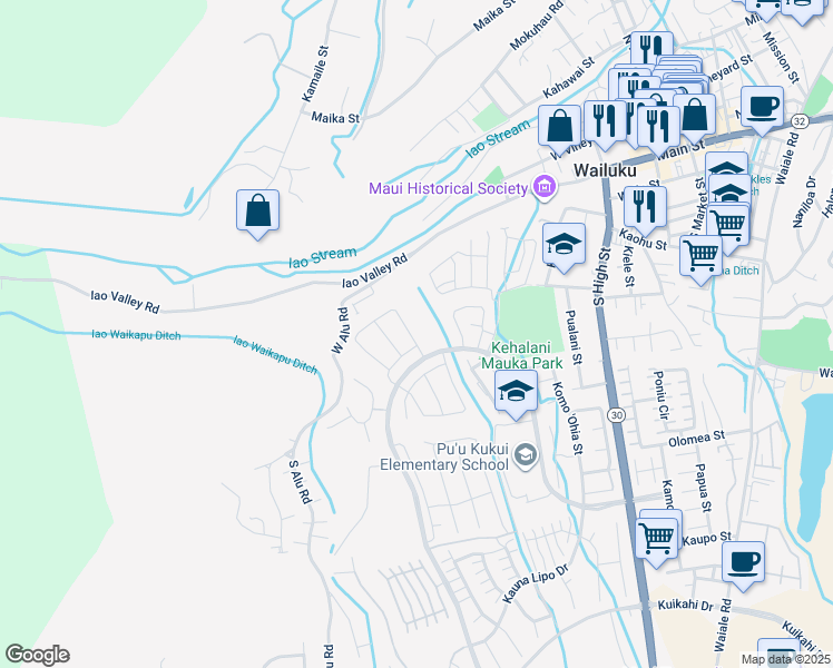map of restaurants, bars, coffee shops, grocery stores, and more near 116 Kili'o'opu Street in Wailuku