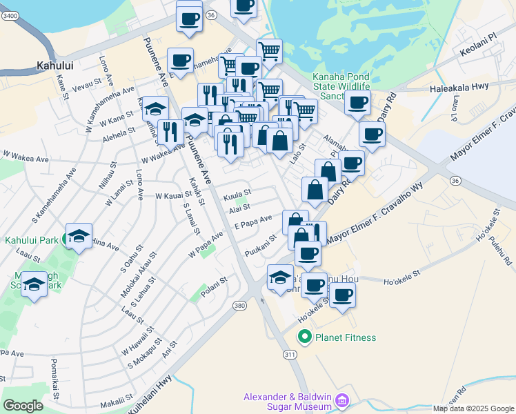 map of restaurants, bars, coffee shops, grocery stores, and more near 67 Aiai Street in Kahului