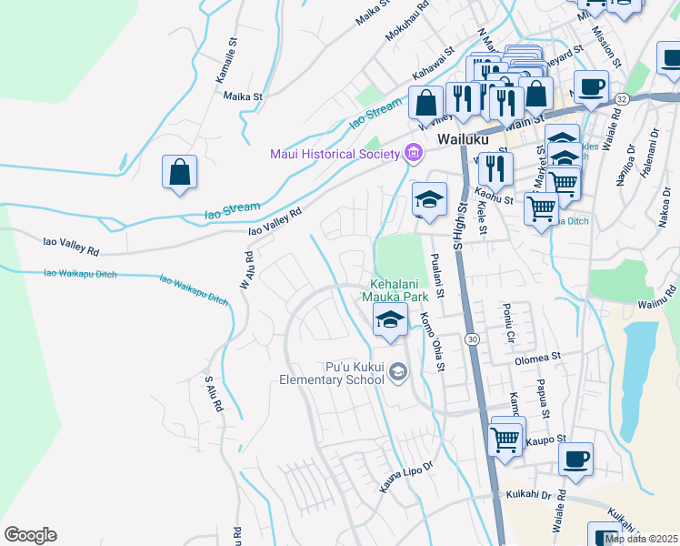 map of restaurants, bars, coffee shops, grocery stores, and more near 145 Puaehu Street in Wailuku