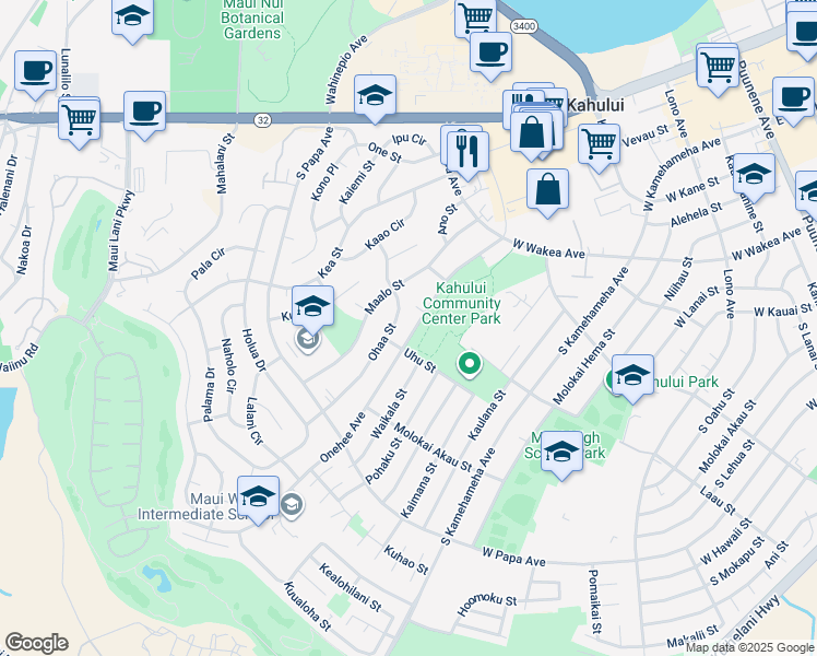 map of restaurants, bars, coffee shops, grocery stores, and more near 506 Onehee Avenue in Kahului