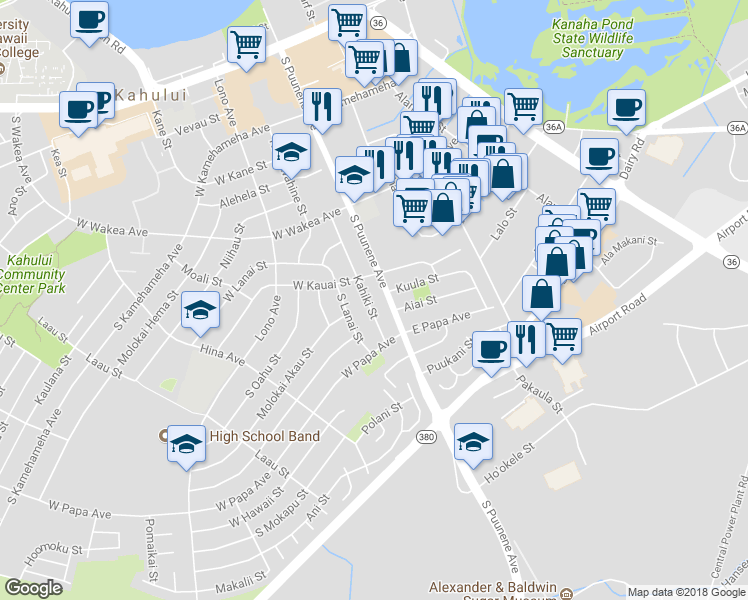 map of restaurants, bars, coffee shops, grocery stores, and more near 395 Kahiki Street in Kahului
