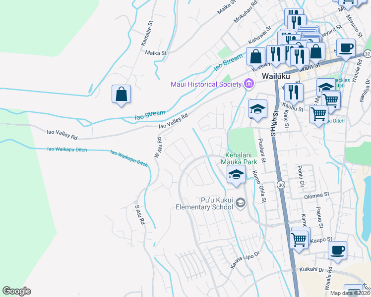 map of restaurants, bars, coffee shops, grocery stores, and more near 178 Kili'o'opu Street in Wailuku