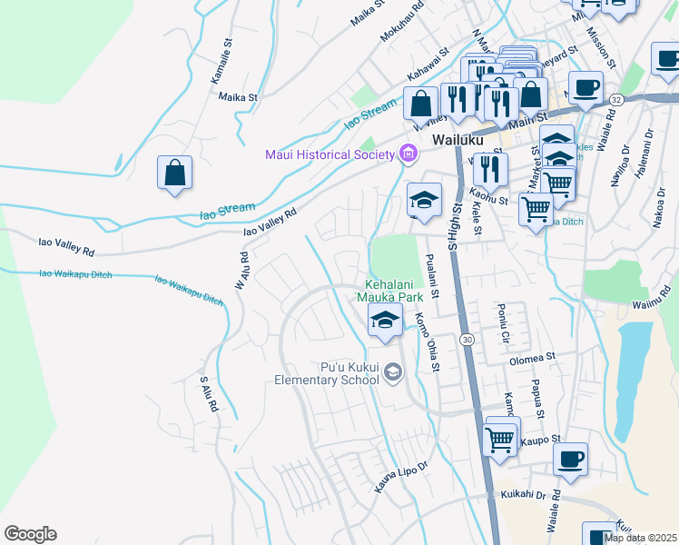 map of restaurants, bars, coffee shops, grocery stores, and more near 39 Ka ʻIkena Loop in Wailuku