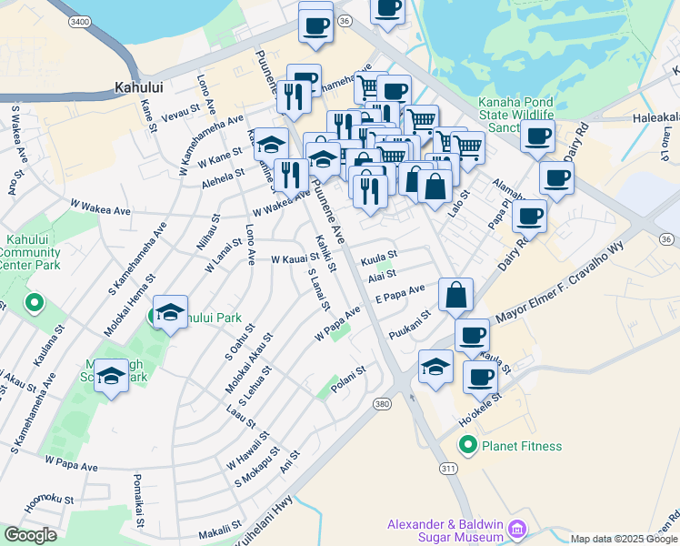 map of restaurants, bars, coffee shops, grocery stores, and more near 395 Kahiki Street in Kahului