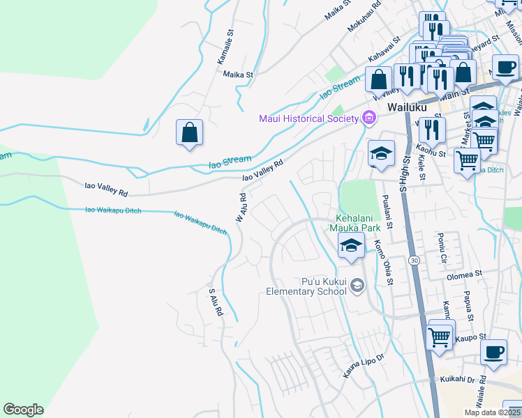 map of restaurants, bars, coffee shops, grocery stores, and more near 135 Naulu Street in Wailuku
