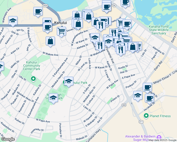 map of restaurants, bars, coffee shops, grocery stores, and more near 360 Lono Avenue in Kahului