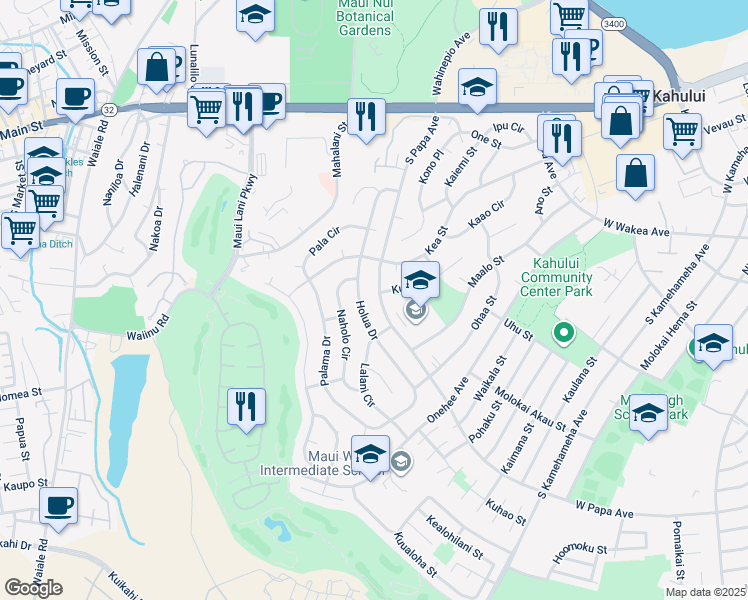 map of restaurants, bars, coffee shops, grocery stores, and more near South Papa Avenue in Kahului