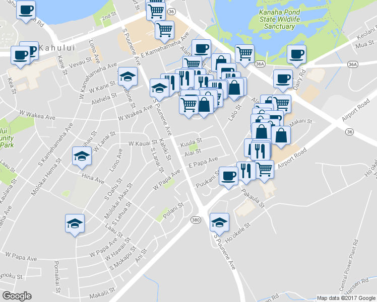 map of restaurants, bars, coffee shops, grocery stores, and more near 29 Aiai Street in Kahului