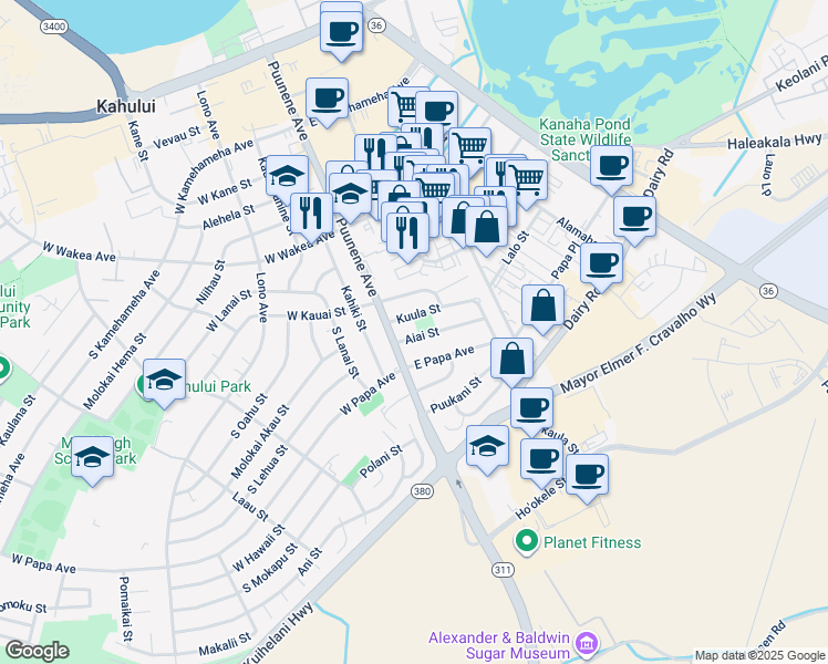 map of restaurants, bars, coffee shops, grocery stores, and more near 29 Aiai Street in Kahului