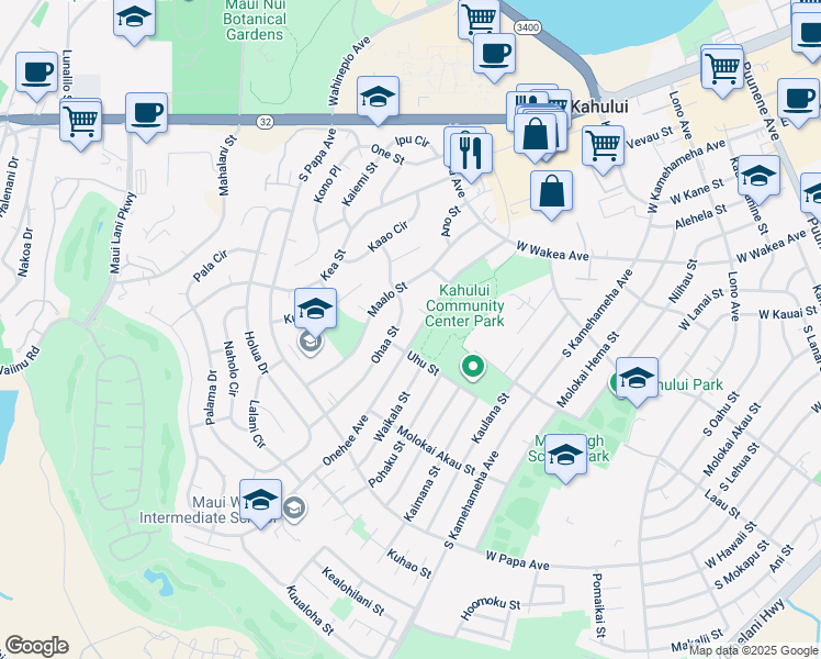 map of restaurants, bars, coffee shops, grocery stores, and more near 506 Onehee Avenue in Kahului